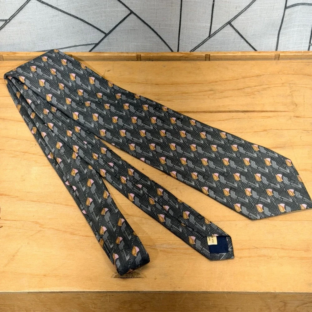 Villa Bolgheri Italia Mens Silk Necktie‎ Grey Pink Gold Geometric Made in Italy